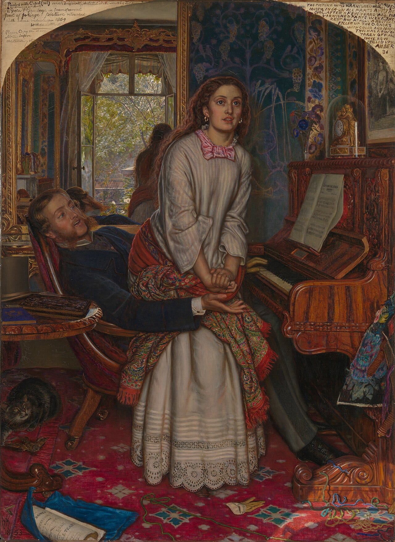 Woman rising from a man's knee in a furnished room Woman rising from a man's knee in a furnished room
