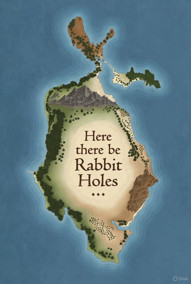 Here there be Rabbit Holes. AI-generated image of a map of a deserted island.