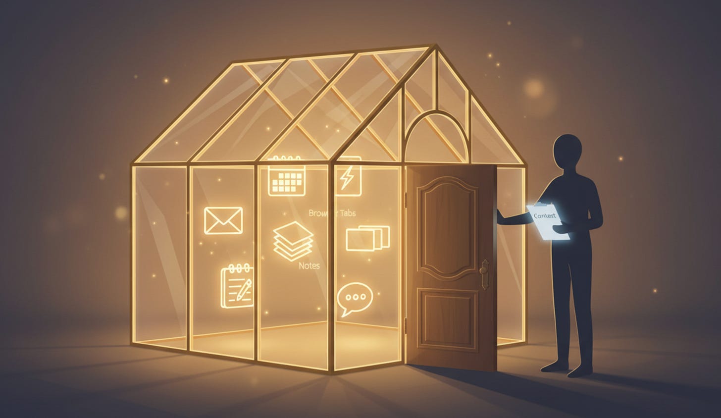 A glass ‘digital life’ house with email, calendar, files, and messages inside, while an AI assistant stands outside holding a ‘Context’ clipboard