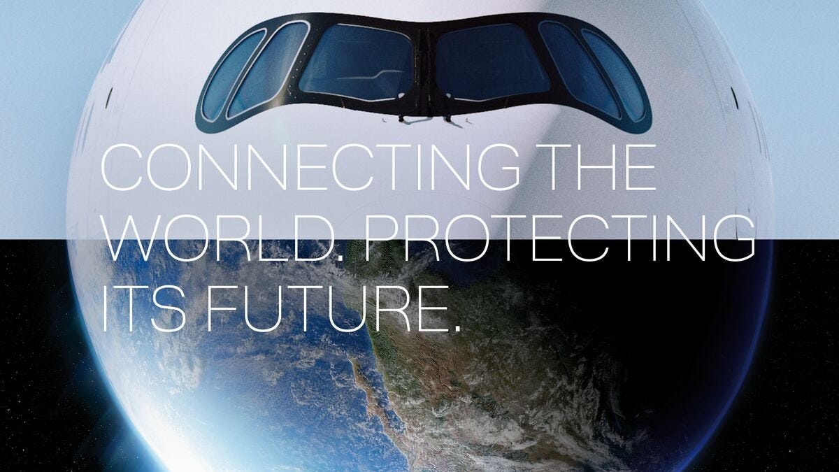 Ad depicting the Earth as the lower half of a circle, and the front view of a jet as the top half, with slogan 'Connecting the World. Protecting its Future.' Ad depicting the Earth as the lower half of a circle, and the front view of a jet as the top half, with slogan 'Connecting the World. Protecting its Future.'