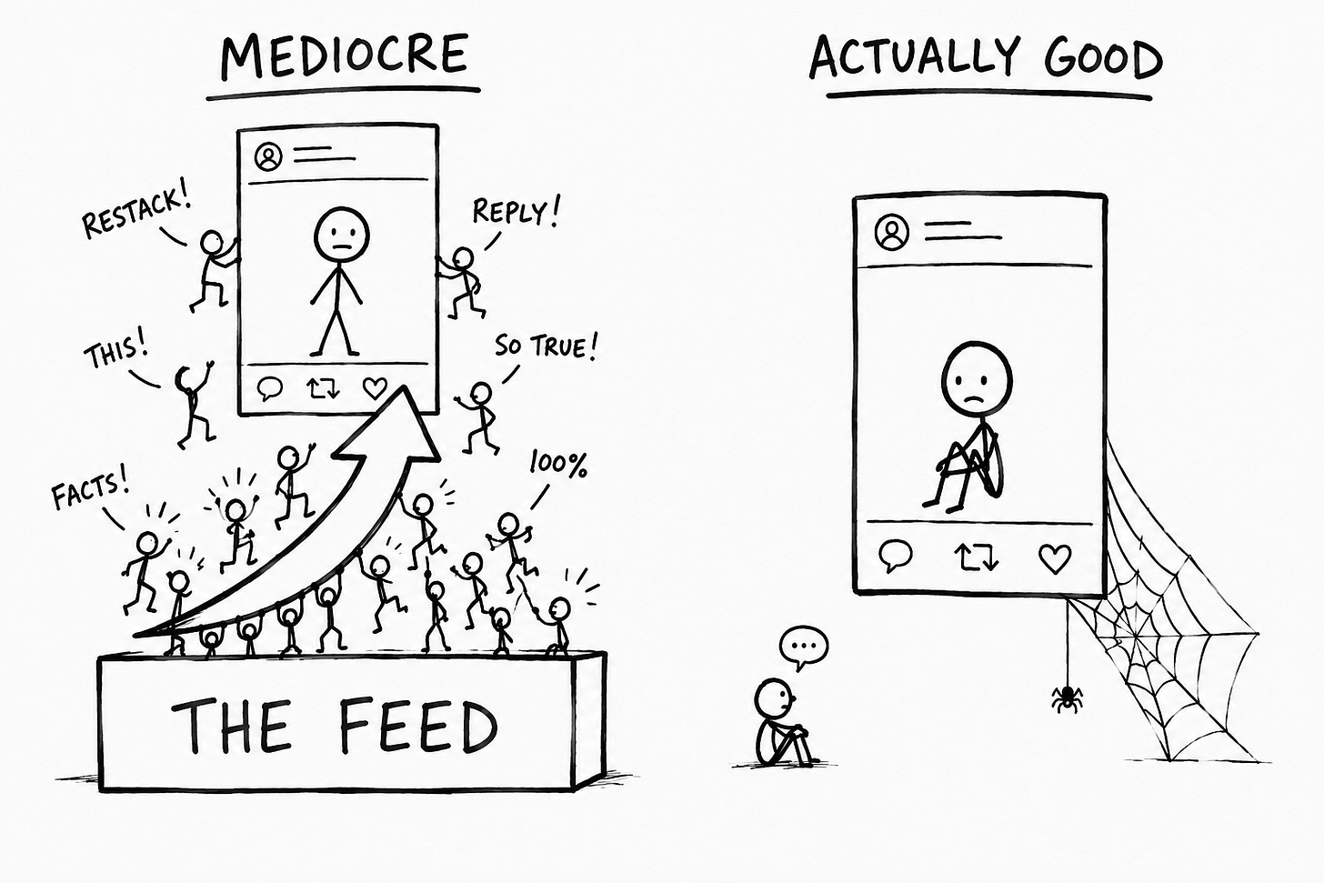 Hand-drawn black-and-white cartoon comparing two Substack posts. On the left, labeled "Mediocre," a crowd of stick figures yelling "restack," "reply," and "so true" shoves a post up a big arrow out of a box marked "The Feed." On the right, labeled "Actually Good," a post sits ignored beside a cobweb. It shows how the Substack algorithm rewards engagement signals like restacks and replies, not writing quality.