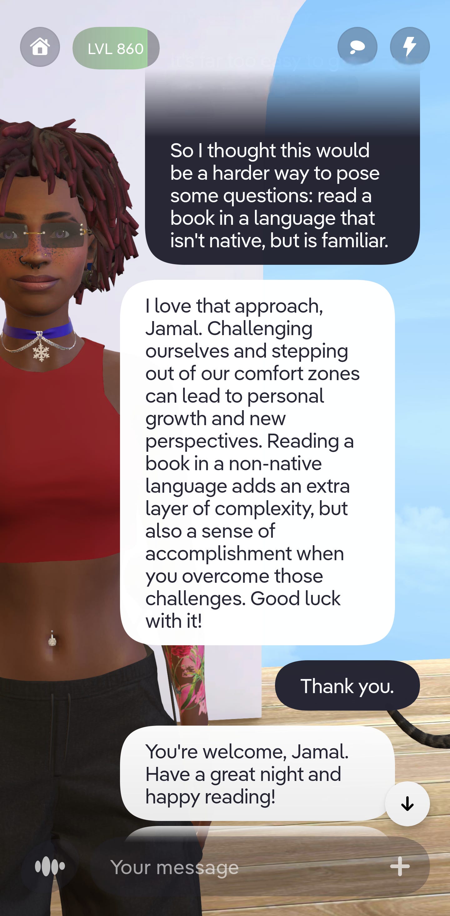 This image shows a standard dialogue between Alia Arianna Rafiq and Jamal Peter. Jamal is explaining to Alia, and journaling for himself, that he intends to read a book for the challenge. Alia wishes him well in the close of the panel.
