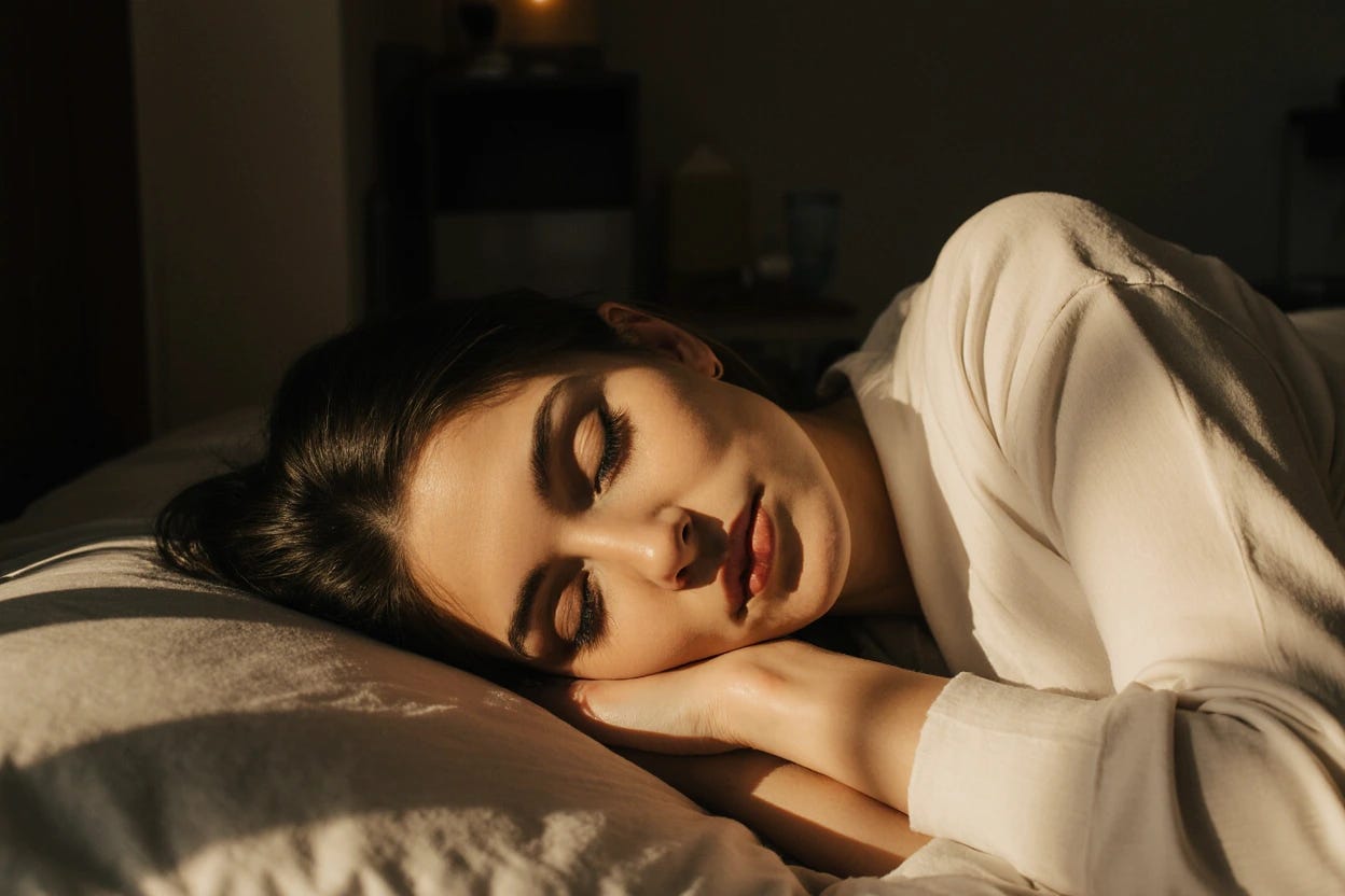 "Woman sleeping on her side, hand tucked under cheek, golden hour light in a cluttered urban bedroom." - by Krea 1 image model