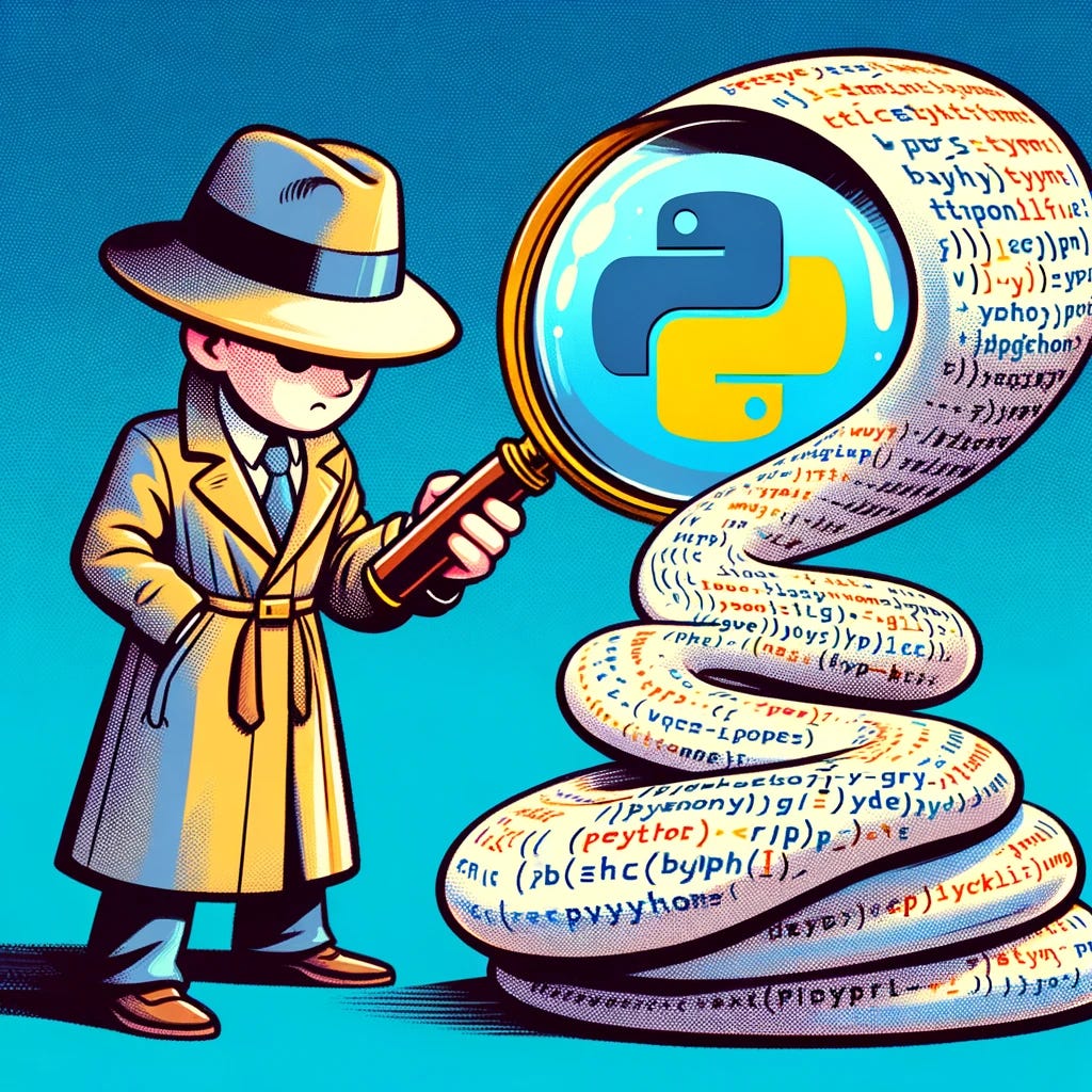 A cartoon-style illustration showing a detective with a magnifying glass closely examining a Python program. The Python program is represented as a flowing stream of code, with the detective scrutinizing it for bugs or issues. The detective wears a classic detective hat and coat, and the magnifying glass prominently features the Python logo. The scene conveys a sense of investigation and analysis, highlighting the theme of debugging a program.