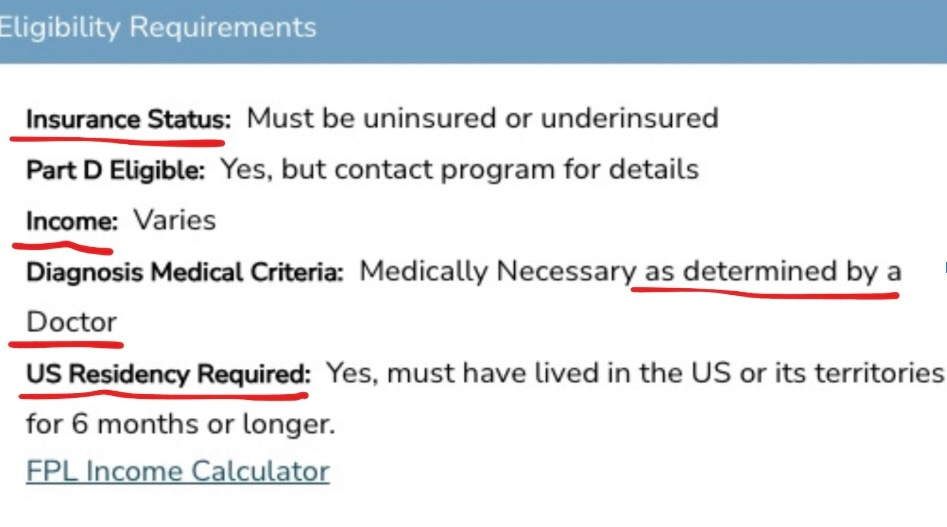 Screenshot of eligibility requirements underlined in red, which include insurance status, income, and US residency