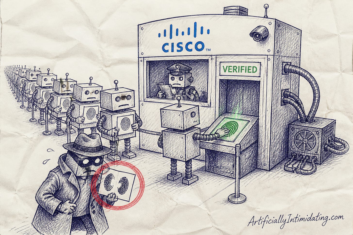 Editorial cartoon: a Cisco-branded passport-control booth where a queue of boxy robots wait to press a hand on a glowing fingerprint scanner; a robot official checks papers under a VERIFIED sign while a shifty robot in a trench coat holds a mismatched fingerprint card circled in red.