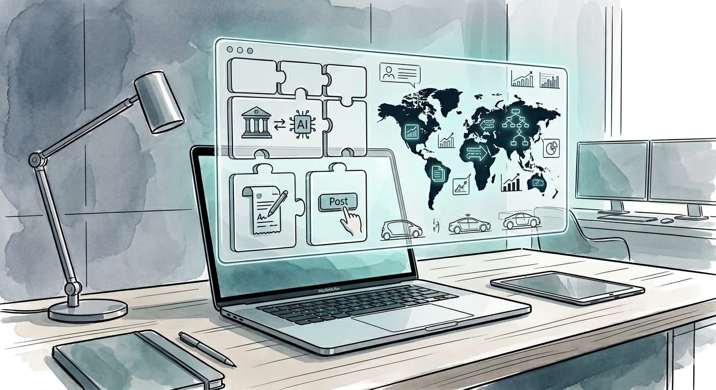A modern technical mixed-media illustration of a clean, minimalist executive office with a soft teal and slate grey watercolor wash. A high-end laptop sits on a light wood desk next to a notebook and lamp. Floating above the laptop screen is a translucent digital dashboard featuring a large bar chart titled "Cash Flow Forecasting" and a global map with dark linework, representing real-time financial intelligence.