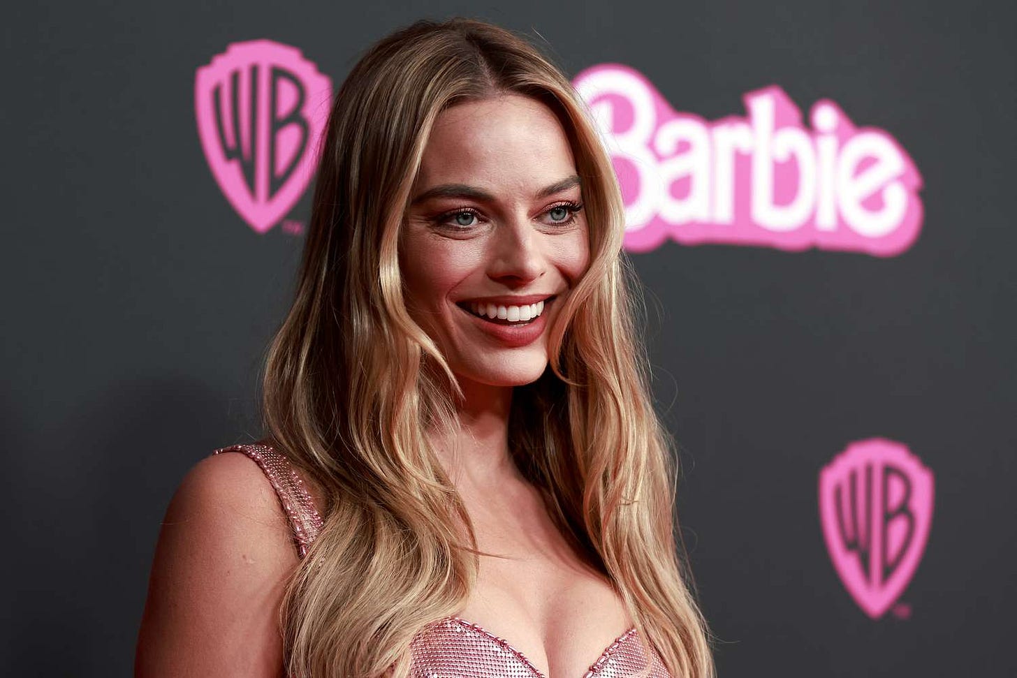 Margot Robbie Enters Her Disco Barbie Era in a Metallic Pink Minidress and  Naked Heels