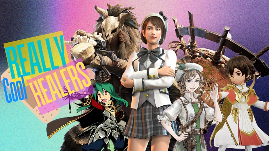 Five diverse characters stand confidently with text "REALLY Cool HEALERS" on a colorful background, conveying a heroic and vibrant mood.