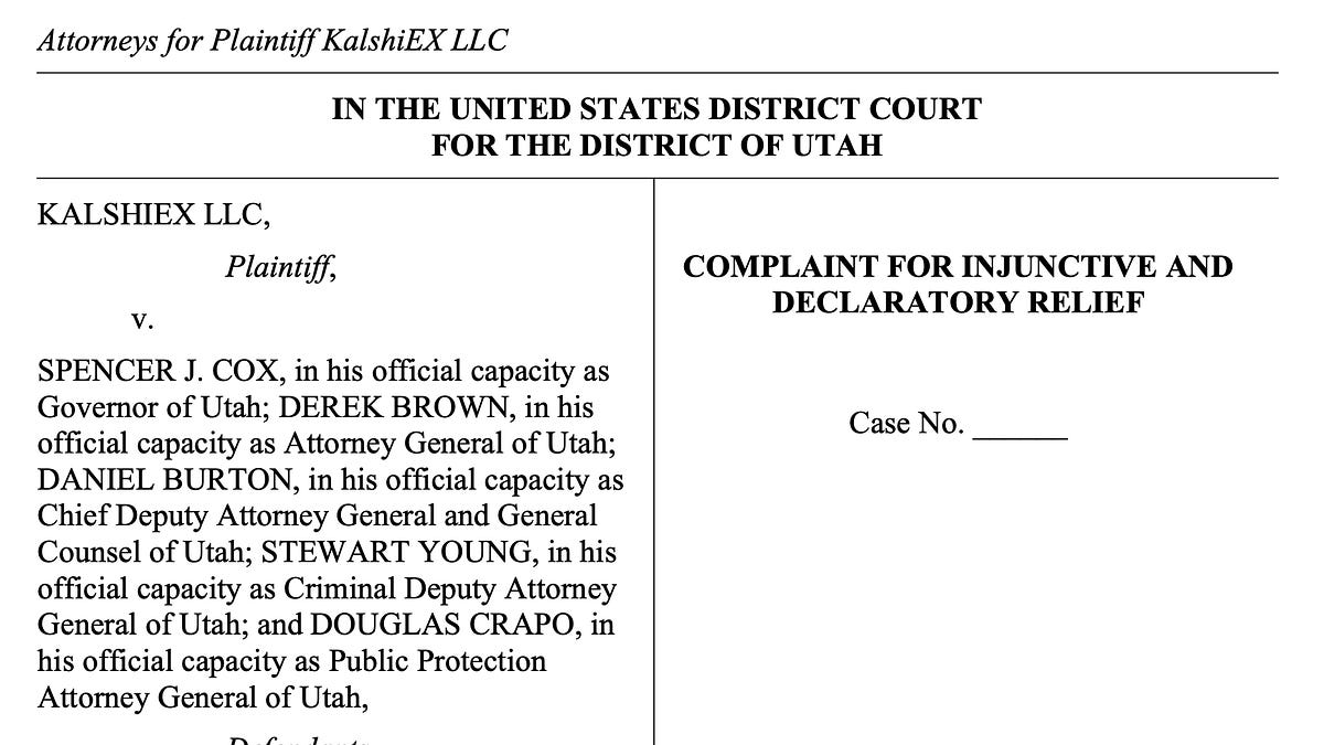 News: Kalshi Sues Utah In Federal Court - by Dustin Gouker