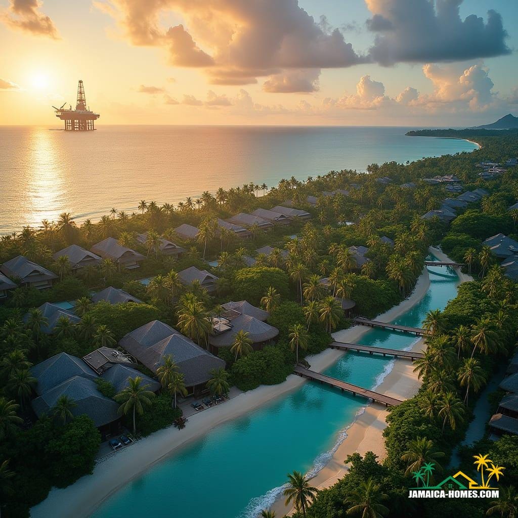 Luxurious boutique eco-resorts, sleek high-rise hotels, and vibrant entertainment complexes, crafted to cater to the booming tourism industry, amidst a breathtaking coastline with one or two colossal offshore rigs standing sentinel in the distance. Rendered in a cinematic film style, reminiscent of the works of Emmanuel Lubezki, Roger Deakins, and Hoyte van Hoytema