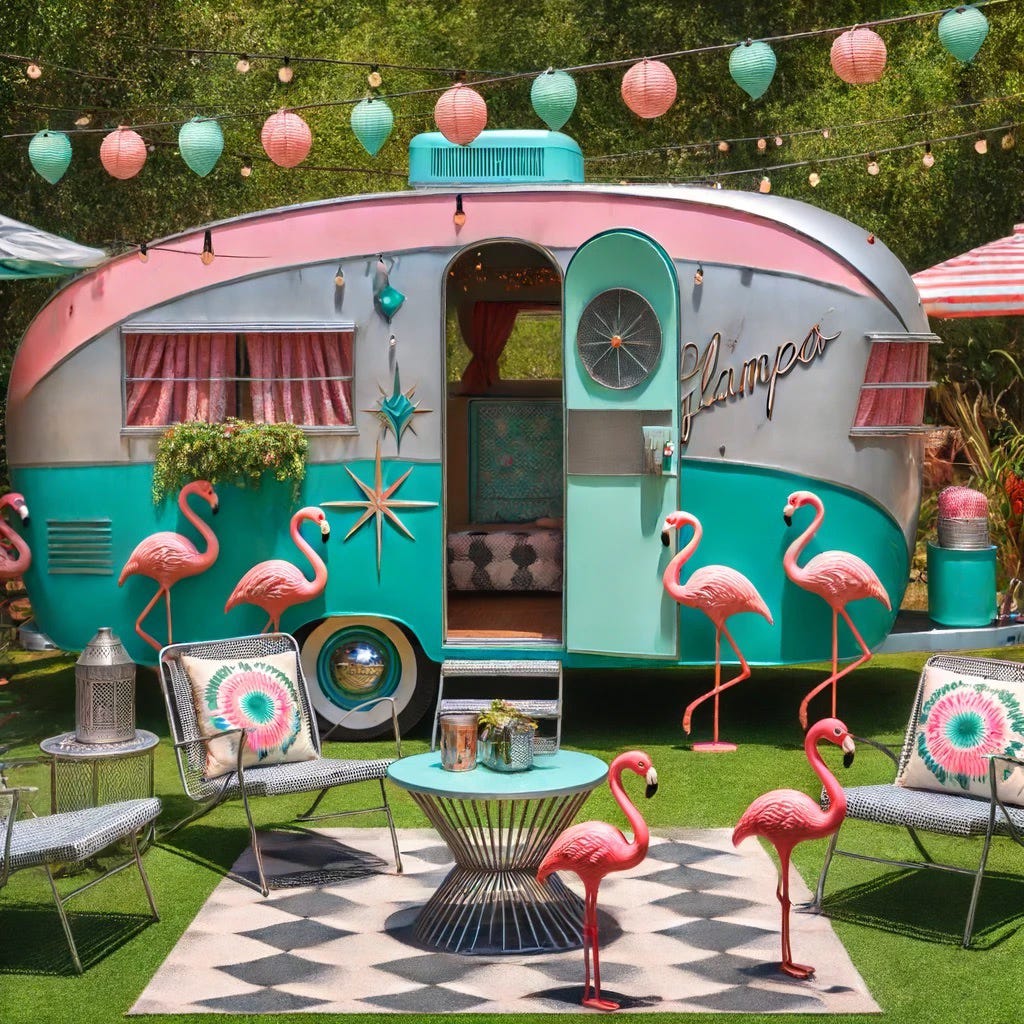 A 1950s-1960s themed vintage camper trailer, decorated in a glamorous 'Glamper' style. The exterior is painted in bright retro colors, such as teal and pink.