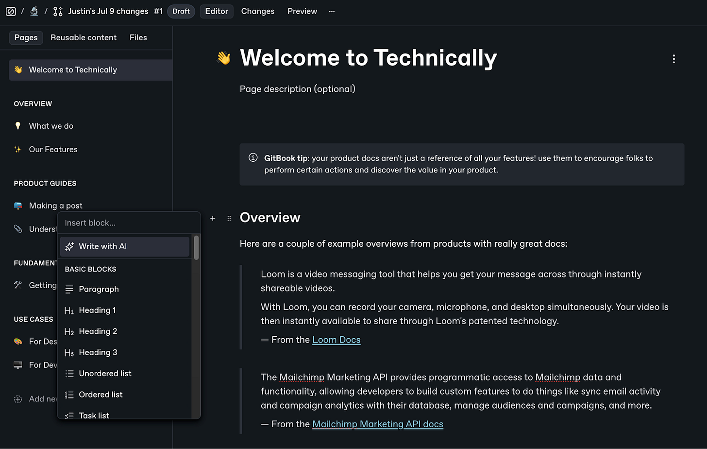 GitBook editor page titled "Welcome to Technically" with overview and AI writing block options