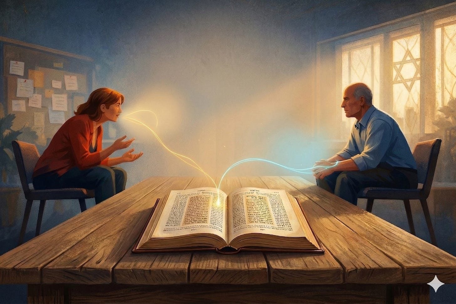 A conceptual digital painting of a man and a woman sitting opposite each other at a rustic wooden table in a sunlit library. Between them lies an open, glowing ancient book (a Talmud), with golden and blue light trails connecting the text to the two individuals. In the background, a corkboard with notes represents a modern newsroom, while a Star of David in a window represents a community setting, symbolizing the intersection of journalism and religious tradition. A conceptual digital painting of a man and a woman sitting opposite each other at a rustic wooden table in a sunlit library. Between them lies an open, glowing ancient book (a Talmud), with golden and blue light trails connecting the text to the two individuals. In the background, a corkboard with notes represents a modern newsroom, while a Star of David in a window represents a community setting, symbolizing the intersection of journalism and religious tradition.