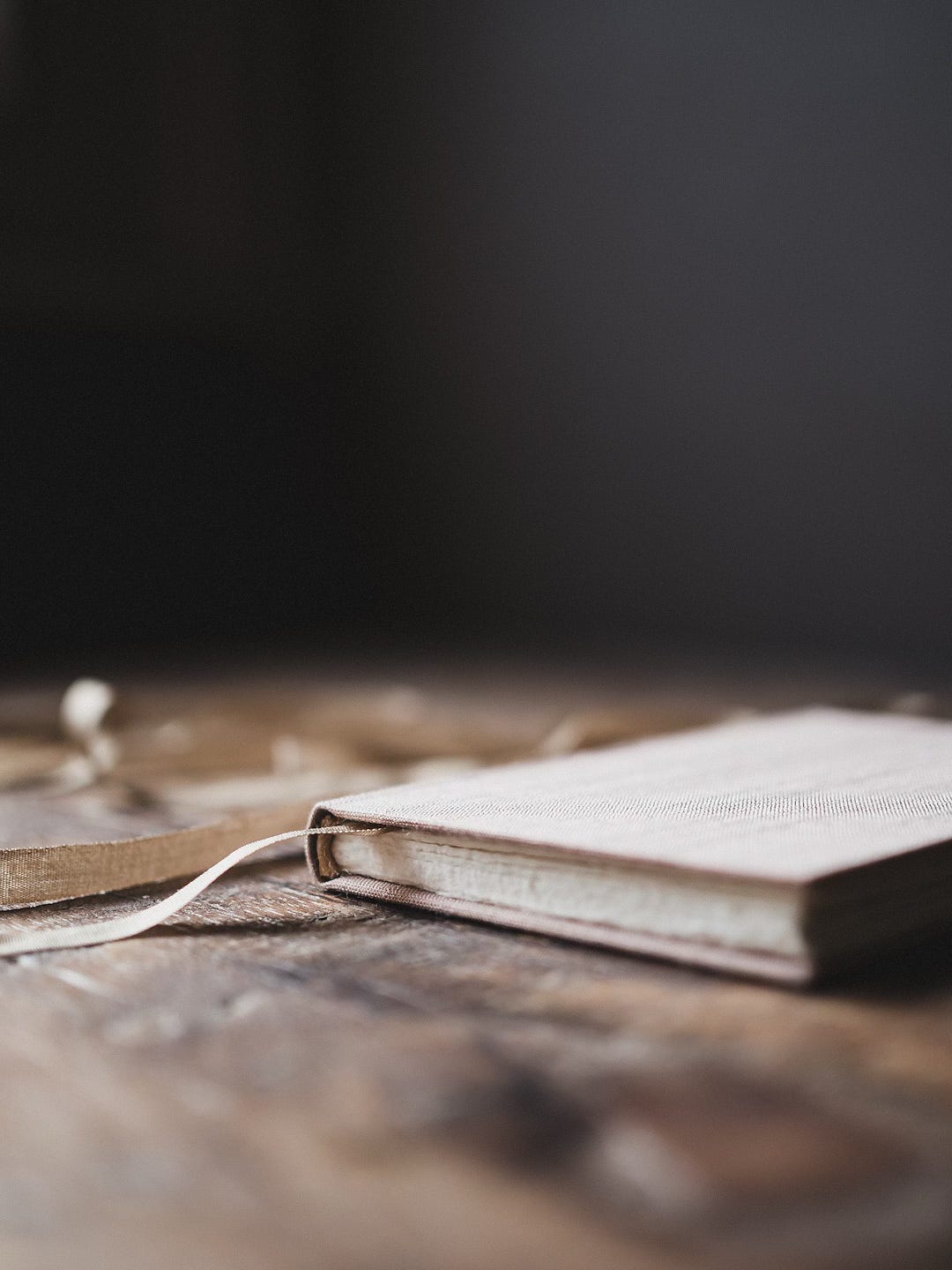 Close-up of a notebook with pale pink silk cover and gold silk ribbon marker