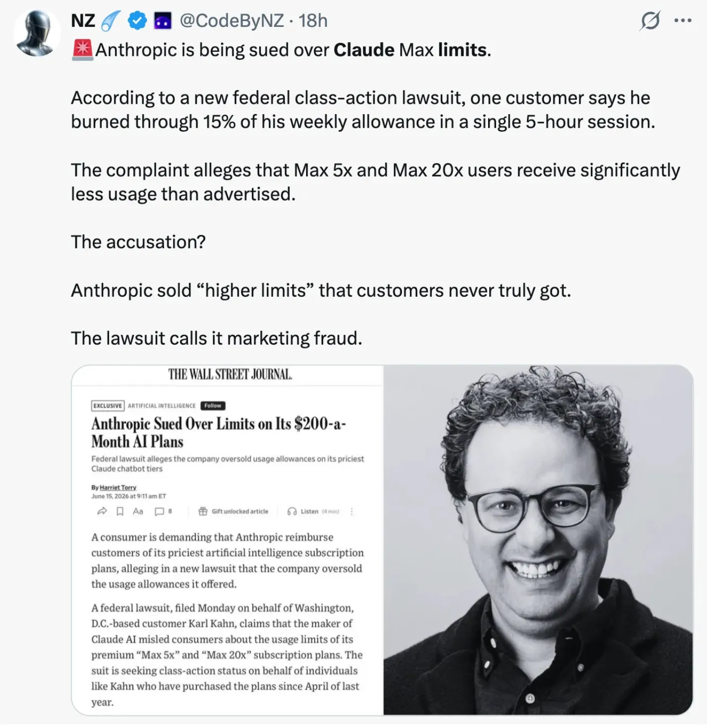News post about a class-action lawsuit over Claude Max plan limits News post about a class-action lawsuit over Claude Max plan limits