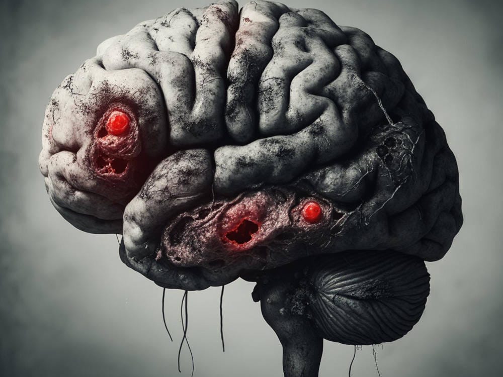 A sick brain with sore red lesions.