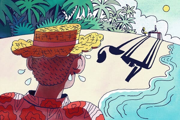 An illustration of a person on a beach vacation, looking toward a desk, chair and computer sitting on the sand in the distance. The person is breaking out in sweat as the work space casts long shadows toward them. 