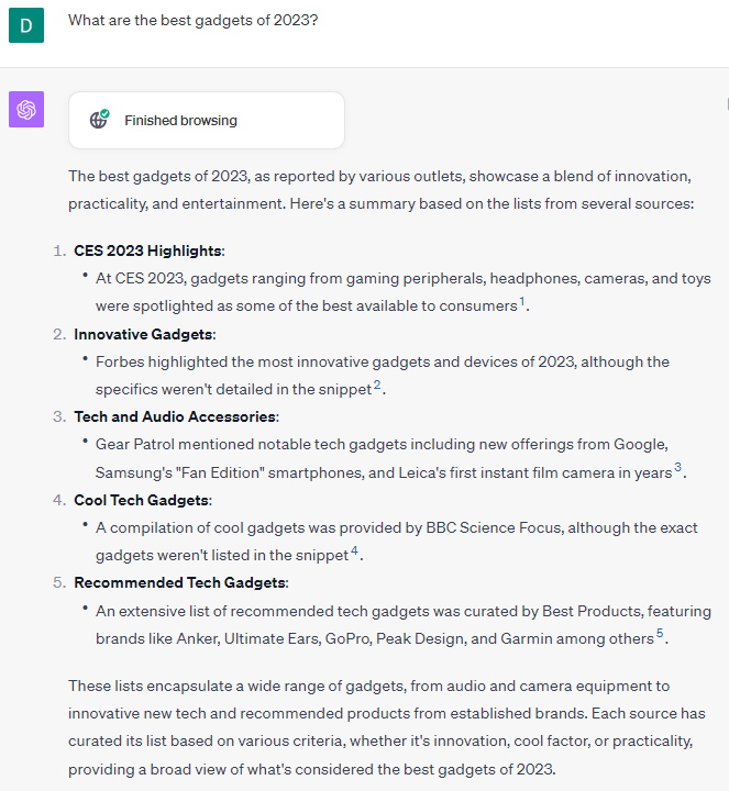 ChatGPT providing overview of best gadget sites of 2023
