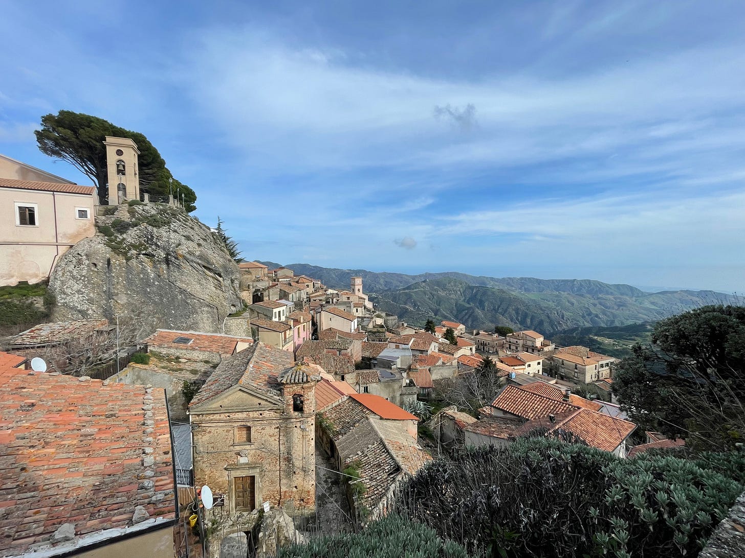 A landscape view of the town of Bova with its many churches in the Aspromonte mountains, Calabria