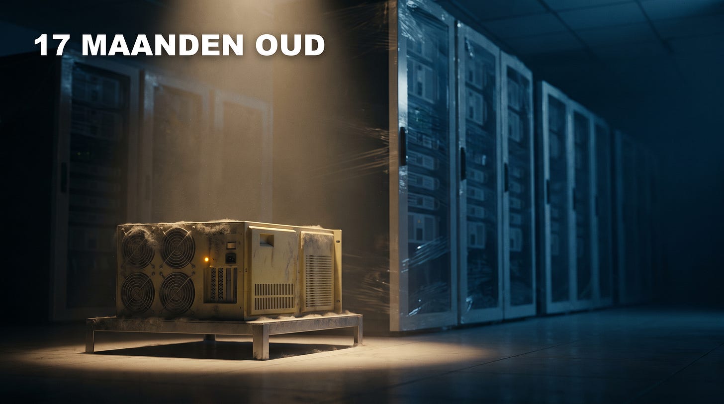 Een stoffige oudere server staat in het spotlicht terwijl de nieuwere generaties ingepakt in het donker achter hem staan, met het bijschrift 17 maanden oud (AI-gegenereerde illustratie) Een stoffige oudere server staat in het spotlicht terwijl de nieuwere generaties ingepakt in het donker achter hem staan, met het bijschrift 17 maanden oud (AI-gegenereerde illustratie)