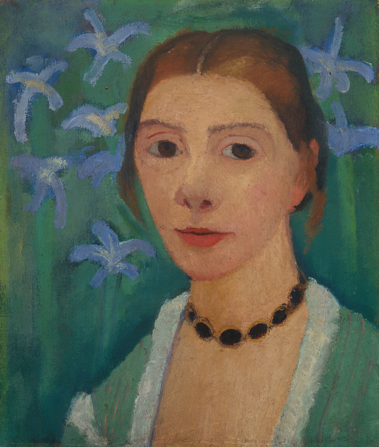 Painting of brown-haired, brown-eyed woman in front of a green background with irises