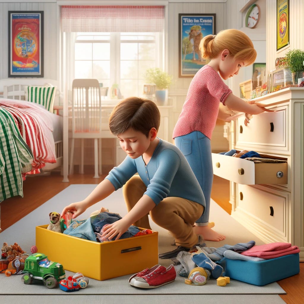 A realistic depiction of two disciplined children tidying up their bedroom. The scene shows a boy and a girl working together harmoniously. The boy is picking up toys and placing them into a brightly colored toy chest, while the girl is carefully folding clothes and organizing them into drawers. The room is well-lit, reflecting a typical child's bedroom with vibrant decorations, educational posters on the walls, and shelves stocked with books and games. The meticulous attention to detail in their tasks demonstrates their responsibility and the values of cleanliness and order taught by their family. This image captures the essence of disciplined children actively participating in maintaining their living space, highlighting teamwork and family values.