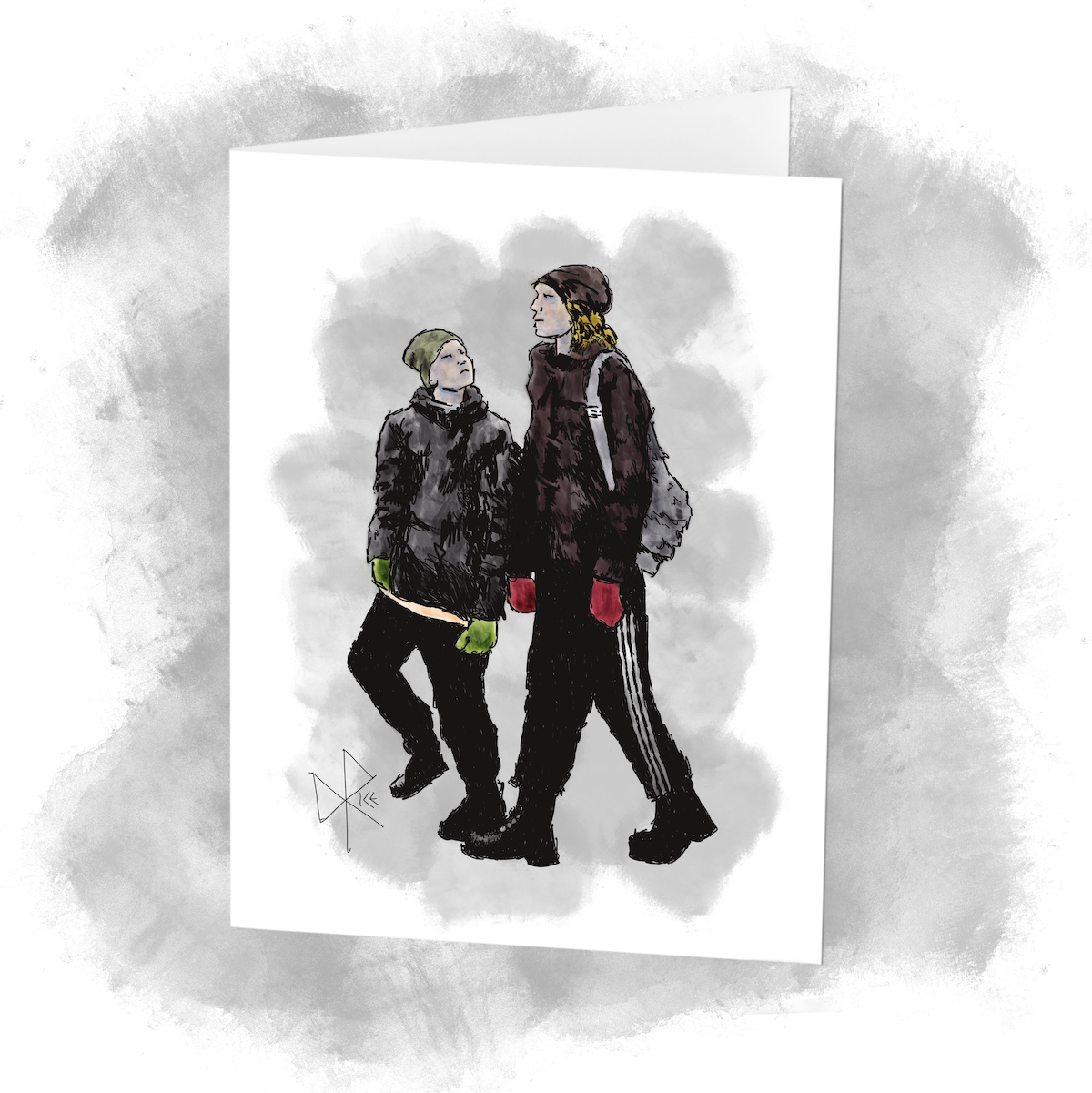 A young boy and a woman walking next to each other in winter. The boy is looking over his shoulder and up at the woman, questioningly. Sketch art by Don Rice.