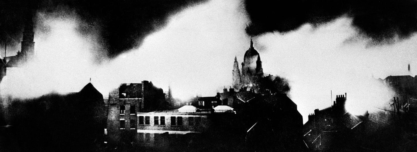 This photo was taken from the Press Association building in London on the night of May 10, 1941. It captures the British capital city in flames at the height of the heavy German bombing raid. 