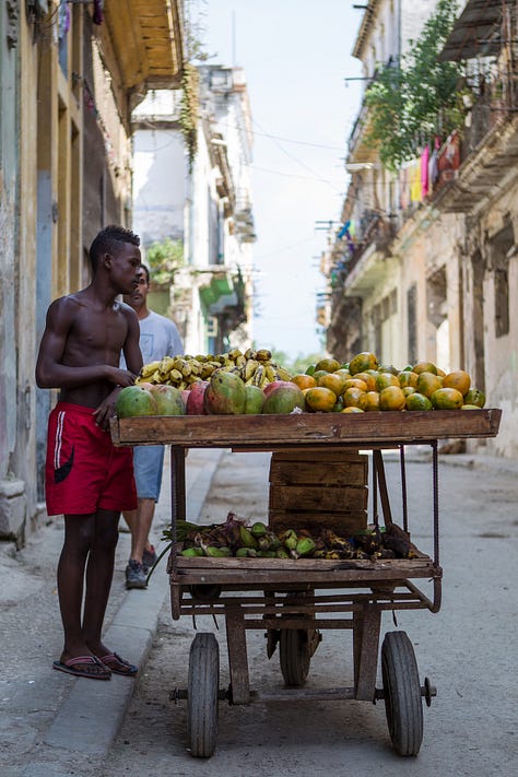 A second 3x3 grid of nine photographs from Havana, Cuba. The images show daily city life, including: kids jumping off the Malecón sea wall, people fishing at sunset, boys playing soccer in the street, classic American cars, a mural of Che Guevara, a dilapidated building, and a street vendor with a fruit cart.