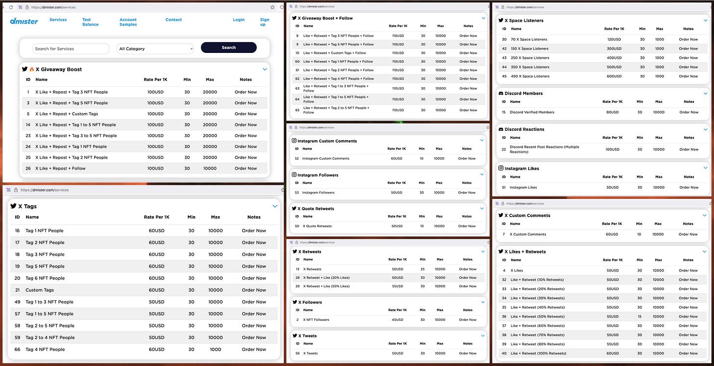 screenshots of the dmister.com website, showing the various services available