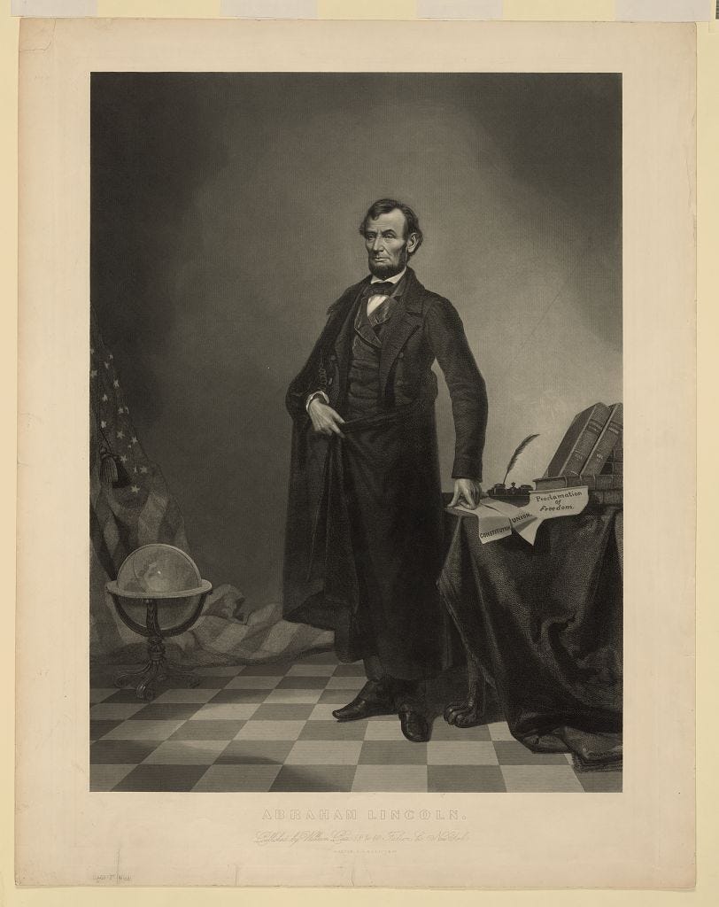 Picture composite. The head of Abraham Lincoln superimposed on the figure and background of an earlier print by A.H. Ritchie showing John C. Calhoun (Library of Congress) Picture composite. The head of Abraham Lincoln superimposed on the figure and background of an earlier print by A.H. Ritchie showing John C. Calhoun (Library of Congress)