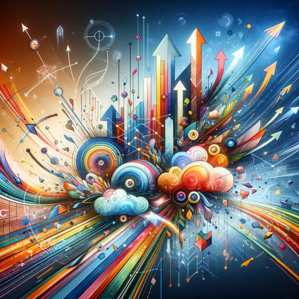 Visualize the concept of best practices in online advertising leading to increased revenue and improved user experience, without using any textual elements. Imagine a vibrant and dynamic abstract composition that represents growth, success, and harmony between user needs and business goals. This composition should include symbols like upward arrows for growth, intertwined lines for connectivity and user engagement, and a balanced mix of colors to suggest a positive and engaging user experience. The image should convey the idea of a transformative impact on both revenue and user experience through the smart use of online ads, embodying both innovation and efficiency.