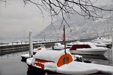 Top L-R: December 2009 snow-covered Lake Como, boarding for the seaplane tour, palm trees and persimmon in the snow, grey winter lake, a chilly seagully, view up the lake toward the Italian Alps