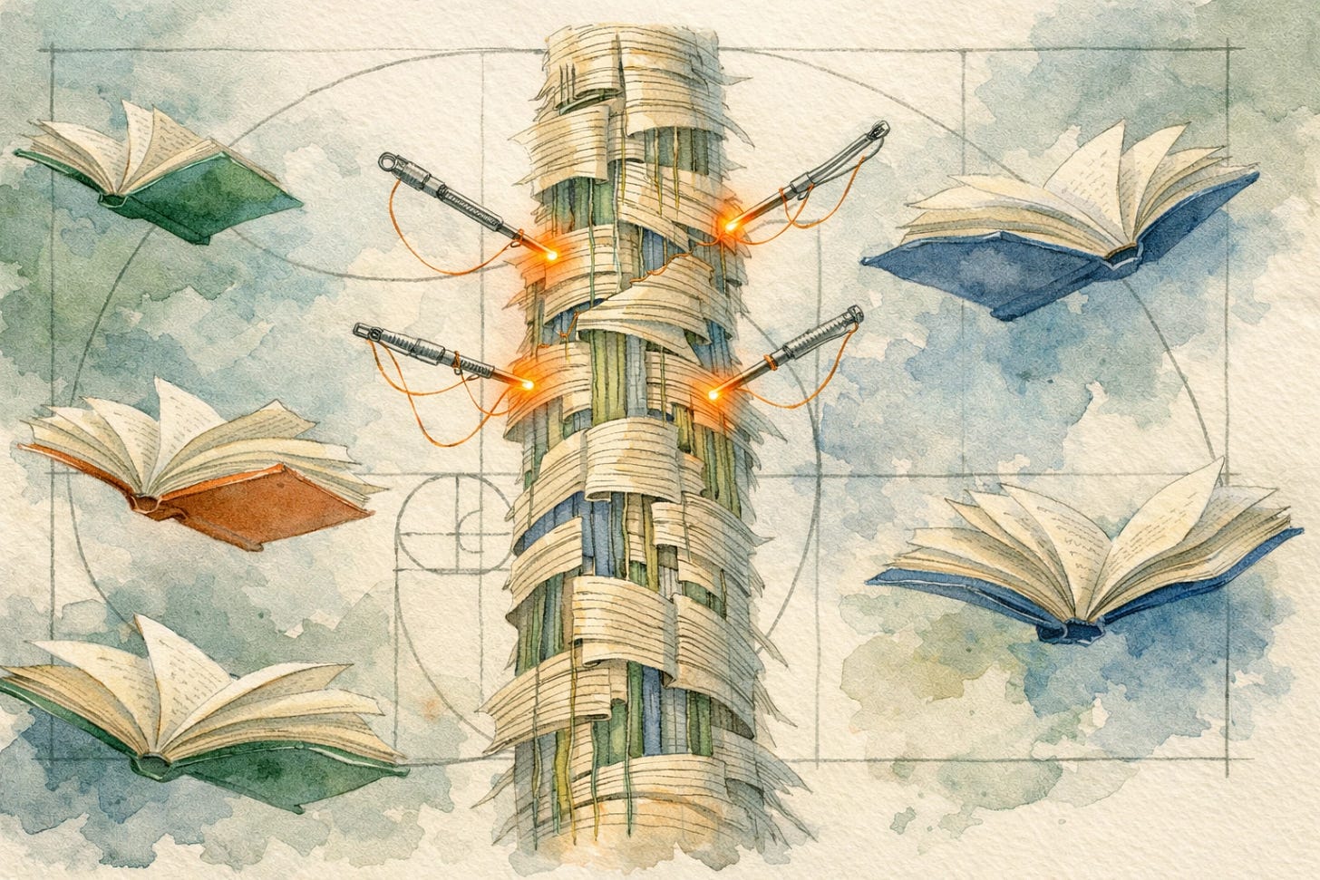 Floating library books woven together by mechanical needles, representing modular AI construction of technical reports.