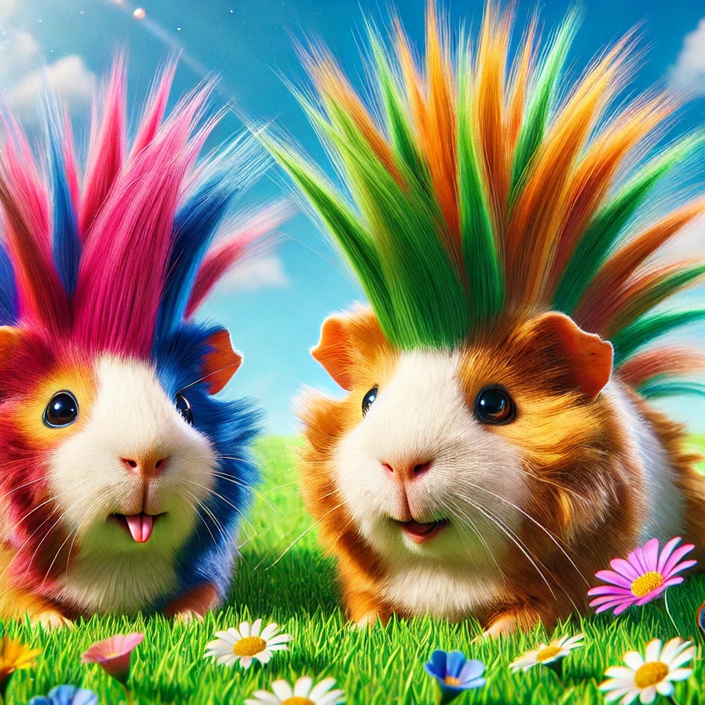 A photorealistic image of two playful guinea pigs in a park, both with colorful mohawk haircuts. The guinea pigs have vibrant, rainbow-colored mohawks styled in a fun and funky way. They are sitting on bright green grass, with a clear blue sky in the background, surrounded by flowers and small trees. The guinea pigs appear joyful, with one slightly jumping in excitement and the other relaxing, enjoying the sunny day in the park.