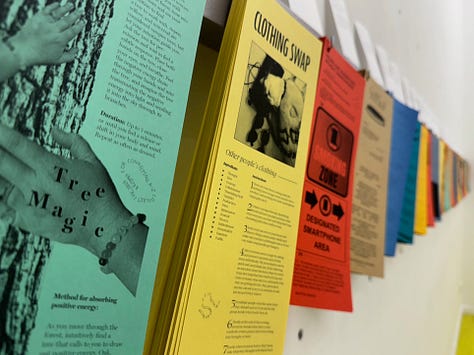 Three impages from the exhibition of the Recipes for Connecting project - a wide shot of gallery space, picture of Emily and a closeup of pages.