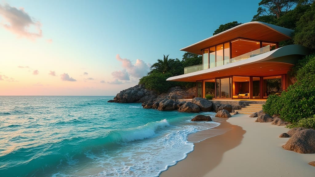 Stunning modern Jamaican villa perched on a lush cliffside, cascading water features and infinity pool blending seamlessly into the turquoise Caribbean Sea, surrounded by swaying palm trees and vibrant tropical flora, with a sleek, minimalist architecture reminiscent of the works of Alberto Campo Baeza, the vibrant colors and textures of David Hockney's landscapes, and the organic, curvilinear forms of Santiago Calatrava's designs.