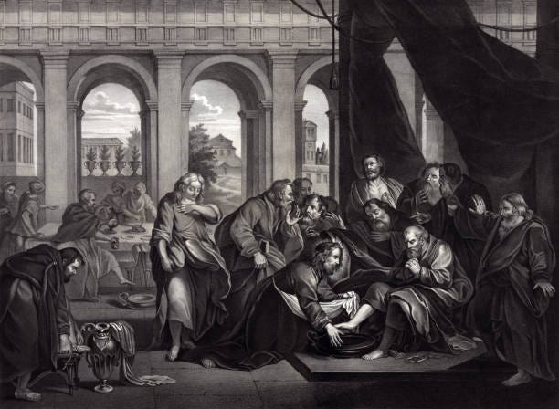 Jesus Christ Washing the Feet of His Disciples Vintage image of Jesus washing the feet of his apostles before the Last Supper.