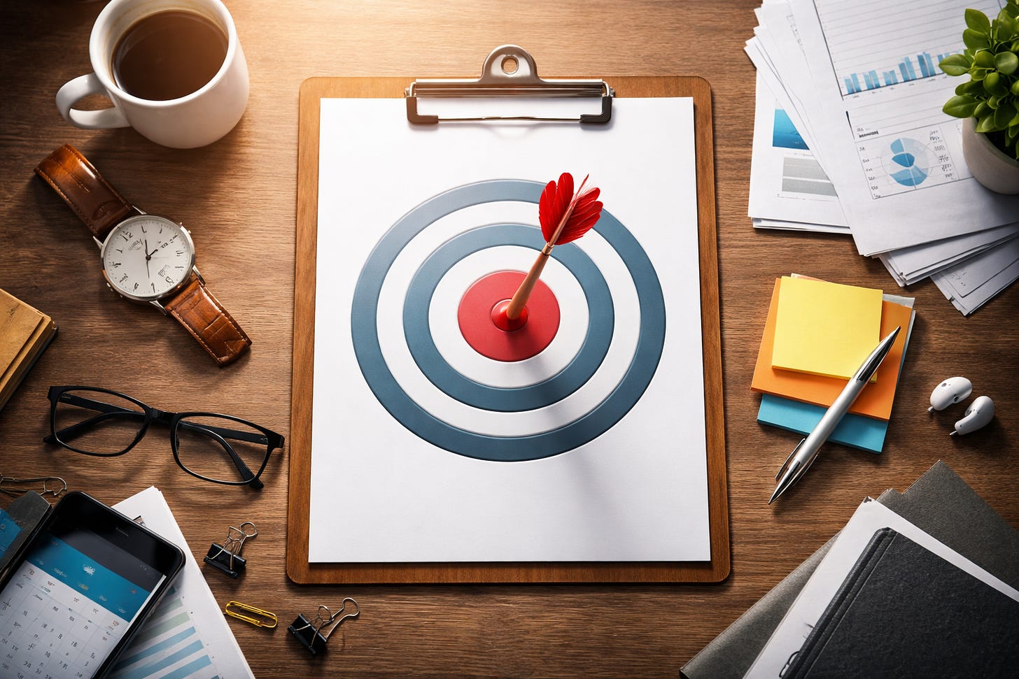 Top-down desk scene with a clipboard target, red dart at center, and organized work tools symbolizing focus and intentional decision-making. Top-down desk scene with a clipboard target, red dart at center, and organized work tools symbolizing focus and intentional decision-making.