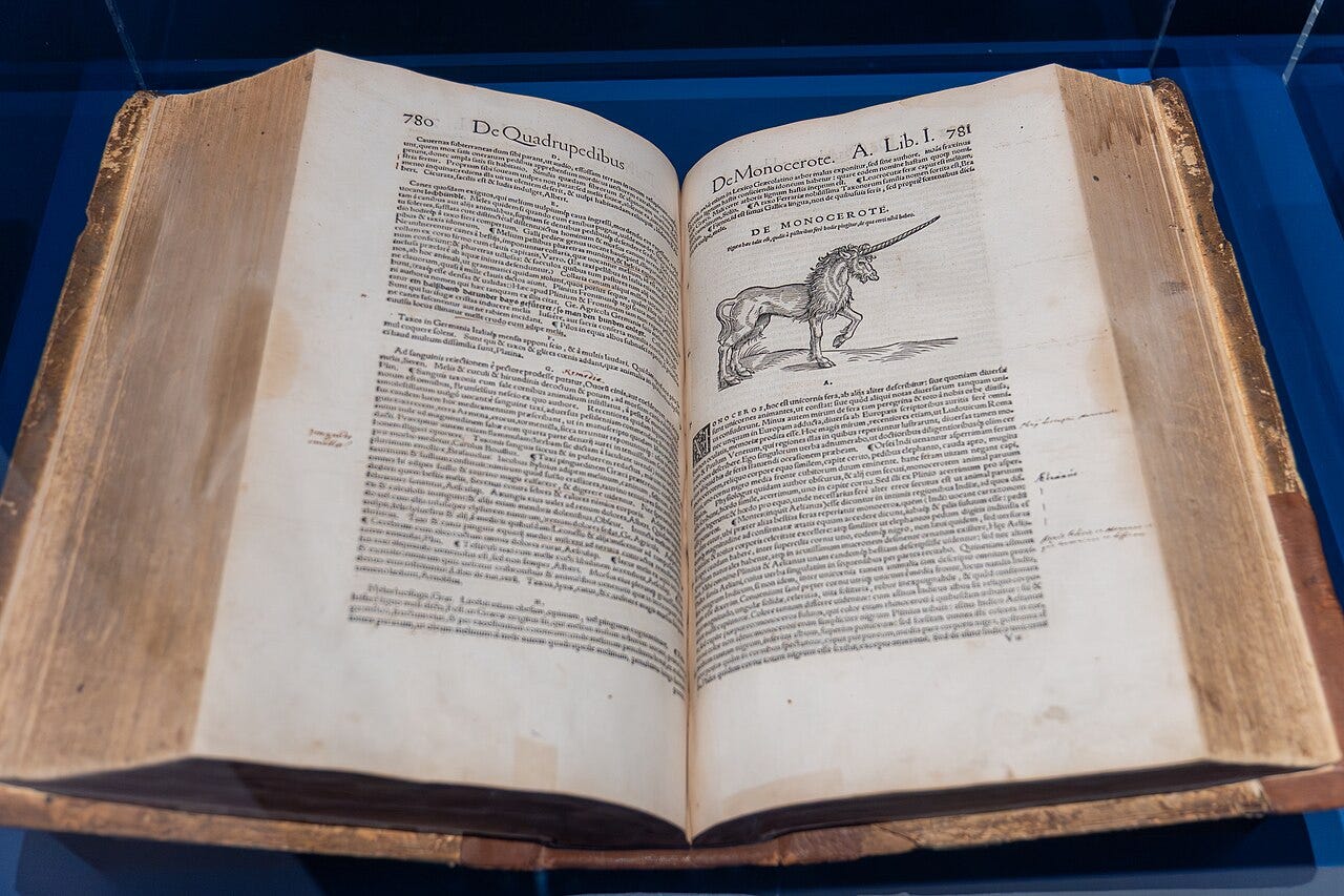 Woodcut of a horse with a spiral horn Woodcut of a horse with a spiral horn