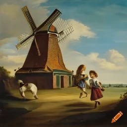 Image generated with Crayon and depicting a painter in the Netherlands in the 17th century, in the style of an oil painting and depicts three small girls running around a windmill, with a dog accompanying them