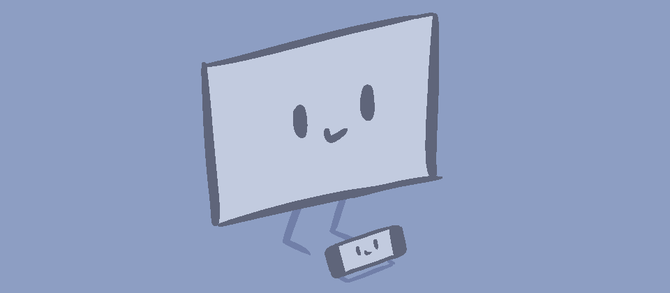 A drawing shows a SteamDeck in a dock below a monitor. Both SteamDeck and the monitor have a silly face on their screens.