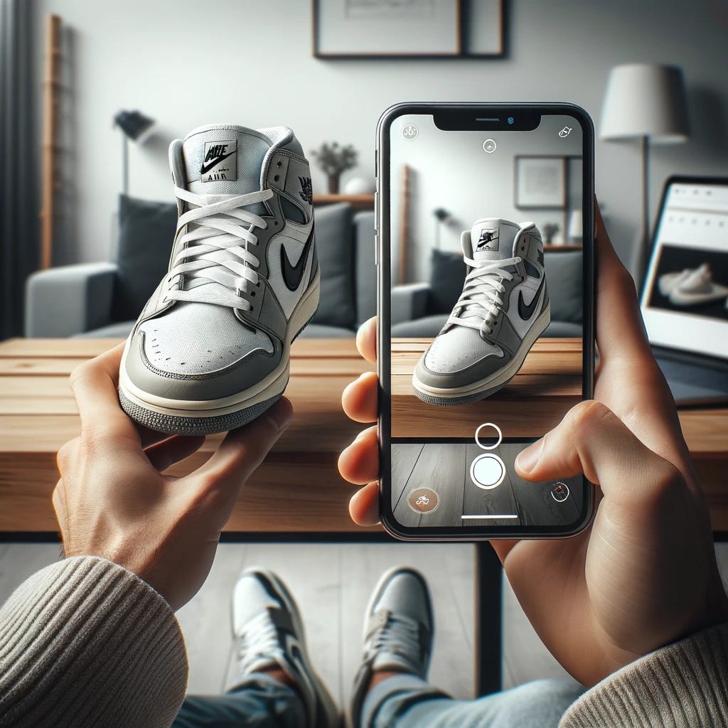 A person using their iPhone to capture a detailed 3D model of Nike Air Jordans. The scene is set indoors, with the person holding the iPhone above the shoes, which are placed on a well-lit table. The iPhone screen shows a live preview of the 3D model being captured. The person is focused, ensuring they capture all angles of the sneakers. The background is a modern room with minimalistic decor, including a laptop and a few decorative items. A person using their iPhone to capture a detailed 3D model of Nike Air Jordans. The scene is set indoors, with the person holding the iPhone above the shoes, which are placed on a well-lit table. The iPhone screen shows a live preview of the 3D model being captured. The person is focused, ensuring they capture all angles of the sneakers. The background is a modern room with minimalistic decor, including a laptop and a few decorative items.