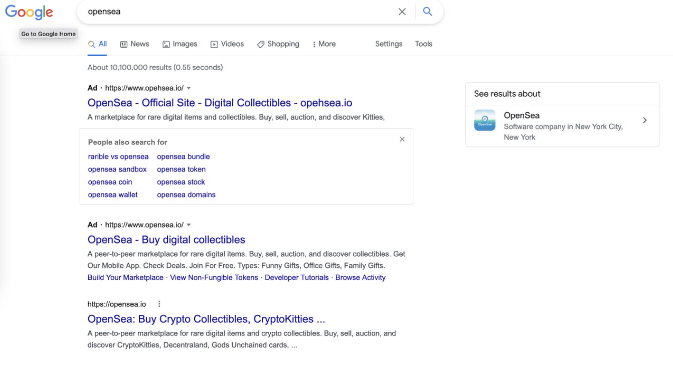 Ads placed on Google leading to fake marketplaces.