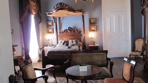 Interior photos of Nottoway, showing a fireplace, the dining room table with dishes, the ceiling and a bedroom.