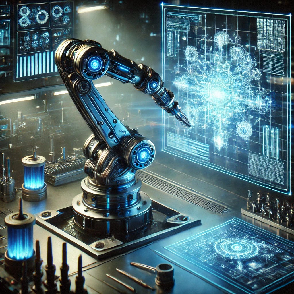 A futuristic AI-powered robotic arm assembling a complex machine, glowing with blue energy, in a high-tech laboratory. The scene is illuminated by holographic screens displaying data and blueprints.