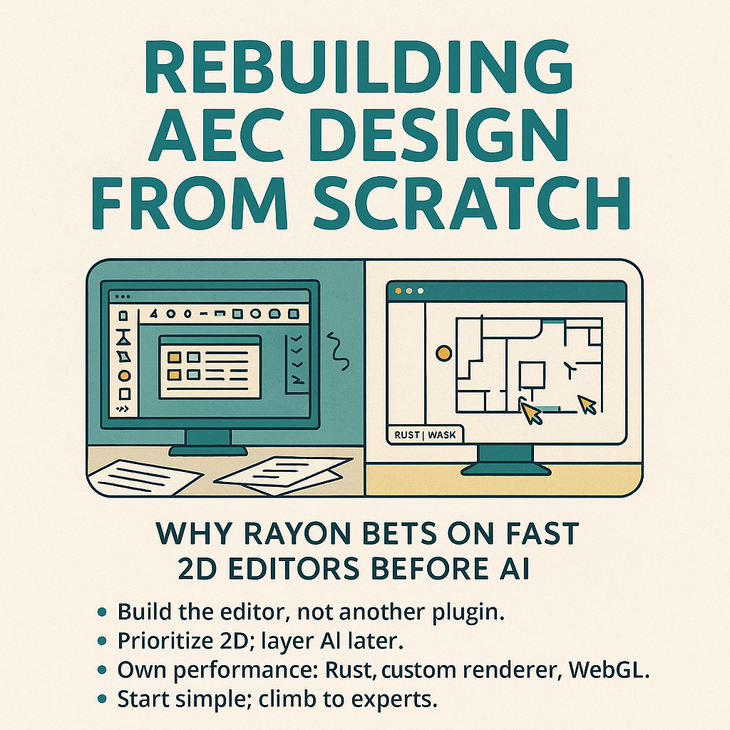 Image showing a split-screen of outdated CAD tools and a modern 2D browser editor, highlighting Rayon’s fast AEC design approach.