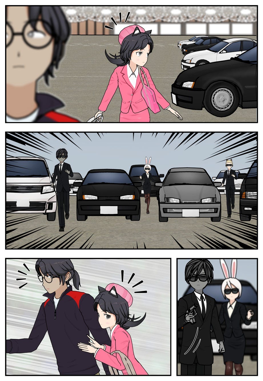 Rae notices several armed agents running and nudges Ruff.