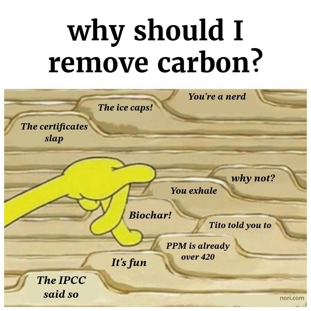 A cartoon hand choosing among grooves labelled with answers to "why should I remove carbon?": the ice caps, you're a nerd, the certificates slap, why not, you exhale, biochar, Tito told you to, it's fun, PPM is already over 420, the IPCC said so.